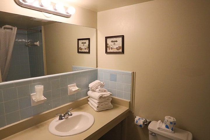 A bathroom with a sink, toilet, and mirror
